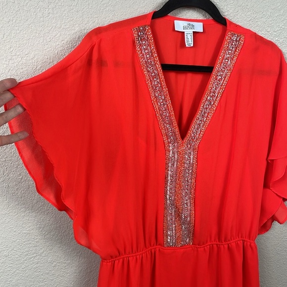 Belle Badgley Mischka Beaded V Neck Boho Chiffon Mini Dress Orange Red Sz 12 - Picture 4 of 13